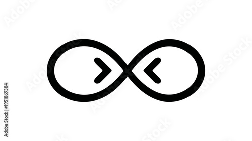 Abstract infinity symbol with integrated left and right arrow icons, black line art, endless loop, continuous cycle, vector design