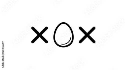 Simple minimalist graphic of an egg icon centered between two 'x' symbols on a clean white background. Abstract concept.