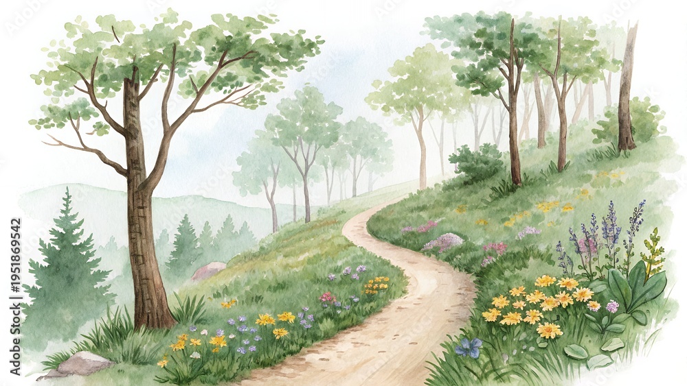Fototapeta premium Serene Winding Path Spring Meadow Forest Trees Watercolor Landscape