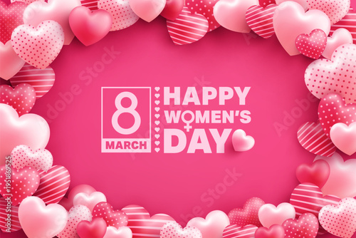 8 march women's day Poster or banner with many sweet hearts and smart phone on pink background.Promotion and shopping template or background for Love and women's day concept