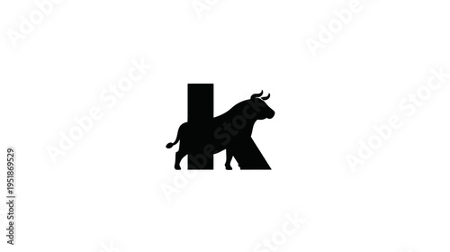 Minimalist black silhouette of a strong bull integrated into the letter K, graphic design element on a white background