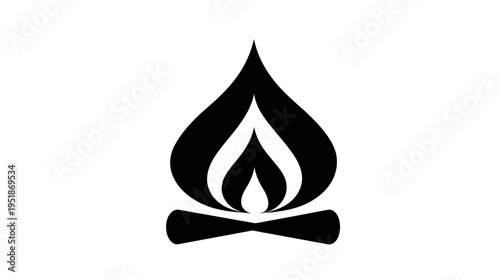 Campfire Flame Icon with Logs Vector Illustration. Stylized Black and White Fire Symbol for Camping, Warmth, and Heat Graphics