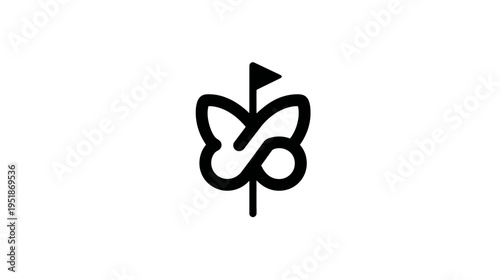 Minimalist butterfly icon with infinity symbol integrated into wings, on a golf flagstick. Elegant line art concept of freedom, eternity, and sport.