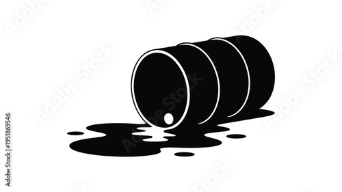 Oil barrel spilled on the ground with black puddle, symbolizing pollution and environmental damage