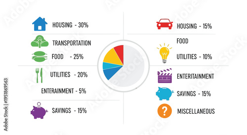 Set of 9 finance icons vector, budget allocation pie chart