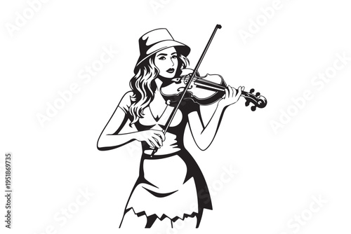 Artistic monochrome illustration of a female musician playing violin wearing stylish hat and dress isolated on transparent background showing passion and classical music performance talent
