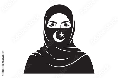 Black silhouette of muslim woman wearing traditional niqab with crescent moon and star symbol on transparent background representing islamic identity religious culture and feminine modesty