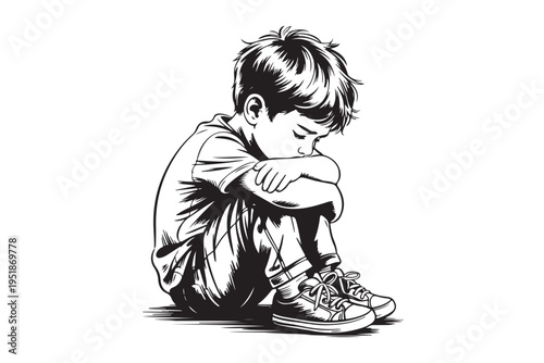 Detailed black and white illustration of sad little boy curled up hugging knees showing deep sorrow and isolation