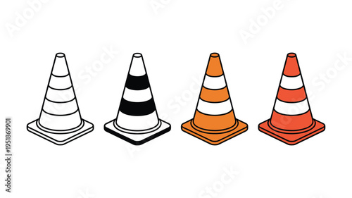 Safety traffic cone set in different styles and colors for construction