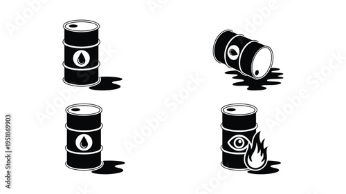 Set of black oil barrels with liquid drops and flame, industrial pollution and danger symbols
