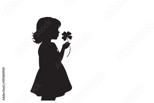 Sweet little girl profile silhouette smelling a four leaf clover flower representing luck and curiosity in a minimalist black vector illustration for meaningful branding and nature themes