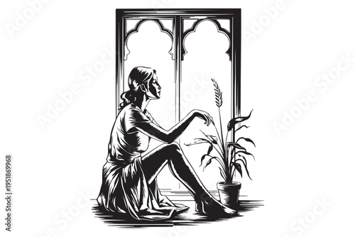 Vintage woodcut illustration of melancholic woman sitting by gothic arched window next to potted plant in contemplation