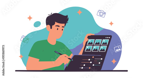 Vector illustration of a man working on a laptop with a stylus