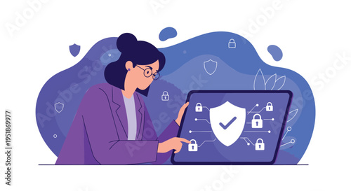 Vector illustration of woman with laptop and security shield