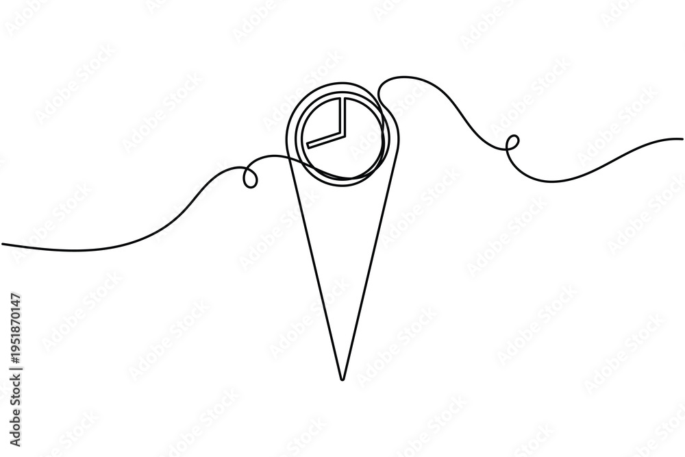 Fototapeta premium Map marker location pin with clock sign icon continuous one line art single drawing on white background minimalist delivery time symbol outline vector illustration