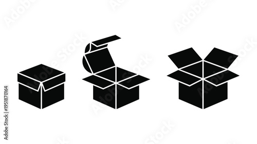 Set of three black cardboard boxes in various open and closed states, isolated on white