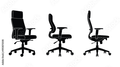 Set of three office chairs with different views, black and white vectors for furniture design