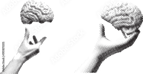 Creative illustration of a human hand holding a halftone dot pattern brain isolated on transparent background