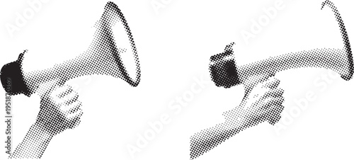 Halftone dot illustration of a human hand holding a megaphone in two different perspectives isolated on transparent background