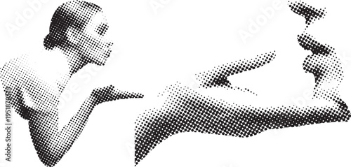 Halftone illustration of a woman blowing a kiss in profile isolated on transparent background