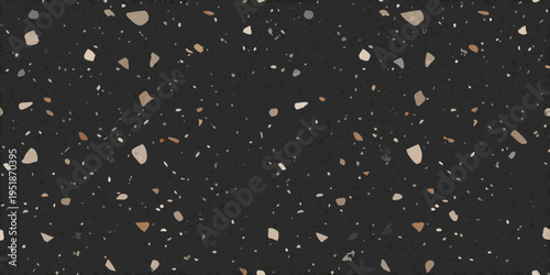 Dark terrazzo pattern with scattered stone and mineral fragments