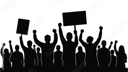 Silhouette of a protesting crowd raising fists and holding placards, symbolizing demonstration