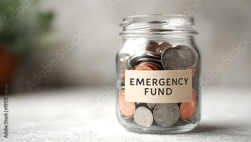Clear glass jar filled with various coins labeled as an emergency fund placed on a light textured surface in soft indoor lighting conveying financial preparation and security