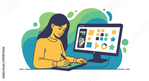 Vector illustration of woman designing on computer with graphics tablet