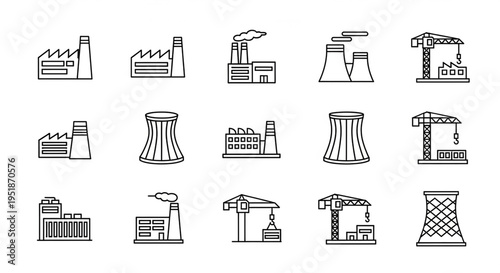 A set of industrial vector icons depicting factories and power plants
