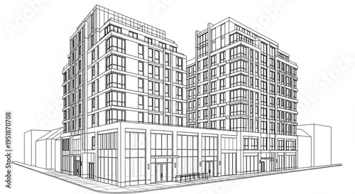 A modern architectural illustration of a multi-story building complex