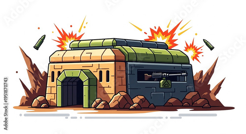A cartoon style vector graphic of a bombed bunker with explosions