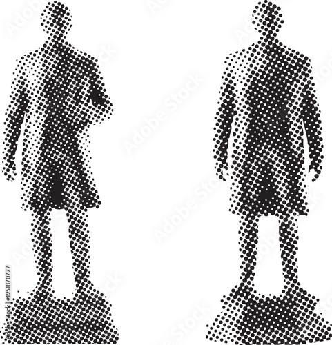 Two silhouette figures of men dressed in suits rendered in black and white halftones isolated on a white background