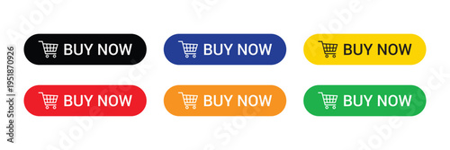 Six colorful buy now buttons with shopping cart icons isolated on transparent background