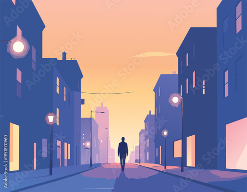 Man and woman walking in urban city street silhouette with buildings and couple vector illustration