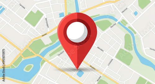 A red map pin icon on a city map background with roads and parks