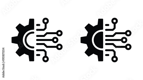 Two black and white icons of a gear combined with circuit board elements, representing digital technology
