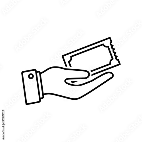 Hand Holding Ticket, Simple Line Art, Black and White Illustration