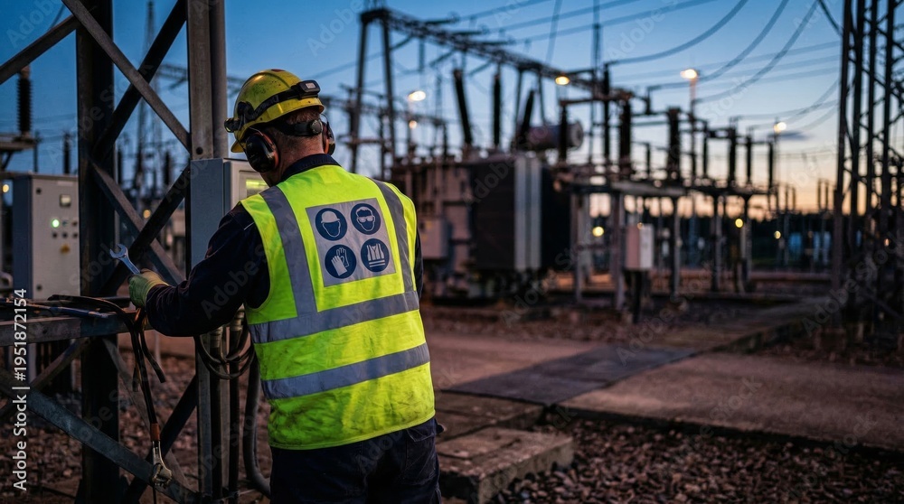 Obraz premium Lineman Working at Power Substation at Night