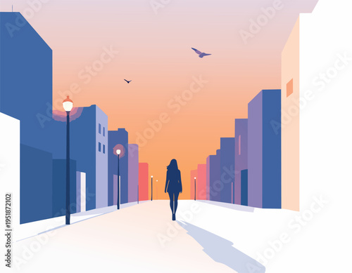 Businessman walking in city with skyscrapers and urban skyline