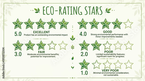 Eco-Rating Stars Vector Set for Environmental Impact Assessment and Sustainability Scores with Leaf-Shaped Stars and Text Labels for Excellent, Good, Fair, Poor, and Very Poor Ratings