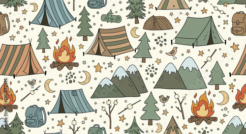 Cozy Camping Adventure Seamless Pattern with Tent Campfire Mountain Tree Backpack on Cream