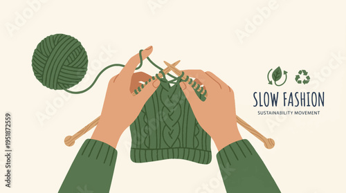 Hands Knitting Green Yarn into a Sustainable Slow Fashion Garment, with Recycle and Leaf Icons, Representing Eco-Friendly Craft and Textile Production Vector Illustration