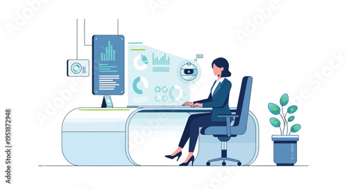 Vector illustration of woman working at desk with computer and data visualization