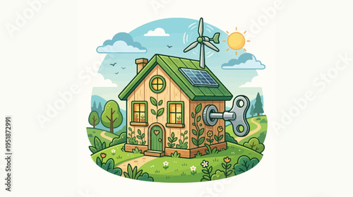 Eco-Friendly Green House with Solar Panels and Wind Turbine Illustration Vector - Sustainable Energy Home with Winding Key for Renewable Power Concept