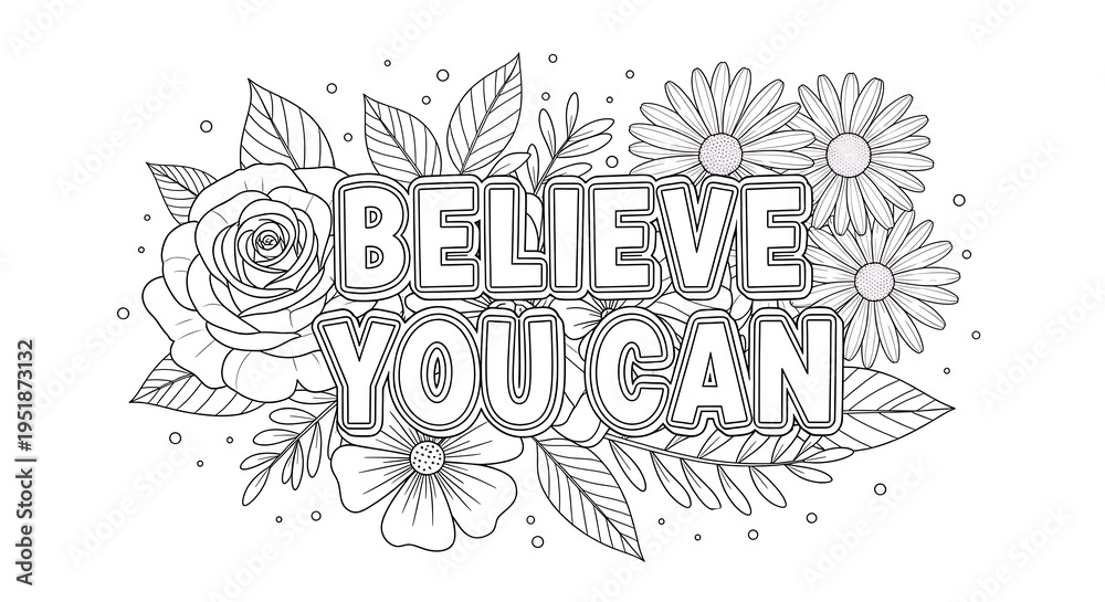 Fototapeta premium Black and white illustration with text and floral patterns