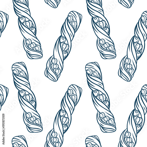 French spiral puff pastry with strawberries and blueberries in blue line doodle style. Repeating sketch pattern for kitchen textiles or dessert menus