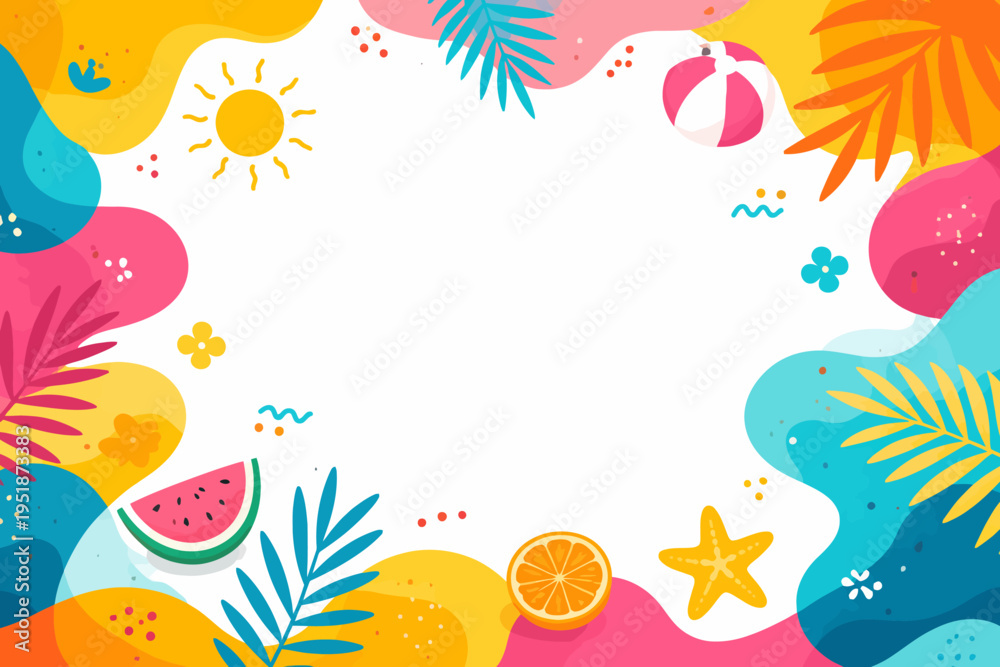 Naklejka premium Colorful summer beach frame with tropical fruit and sea elements