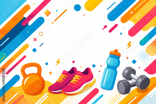 Colorful fitness equipment: sneakers, hydration, kettlebell, dumbbells with abstract background