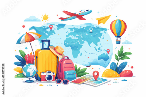 Travel adventure concept with airplane, suitcase, map, and travel accessories
