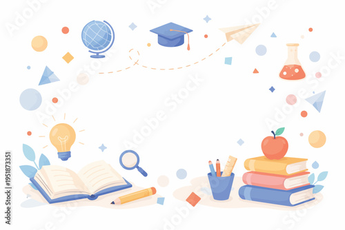 Educational background with books, globe, graduation cap, and scientific symbols